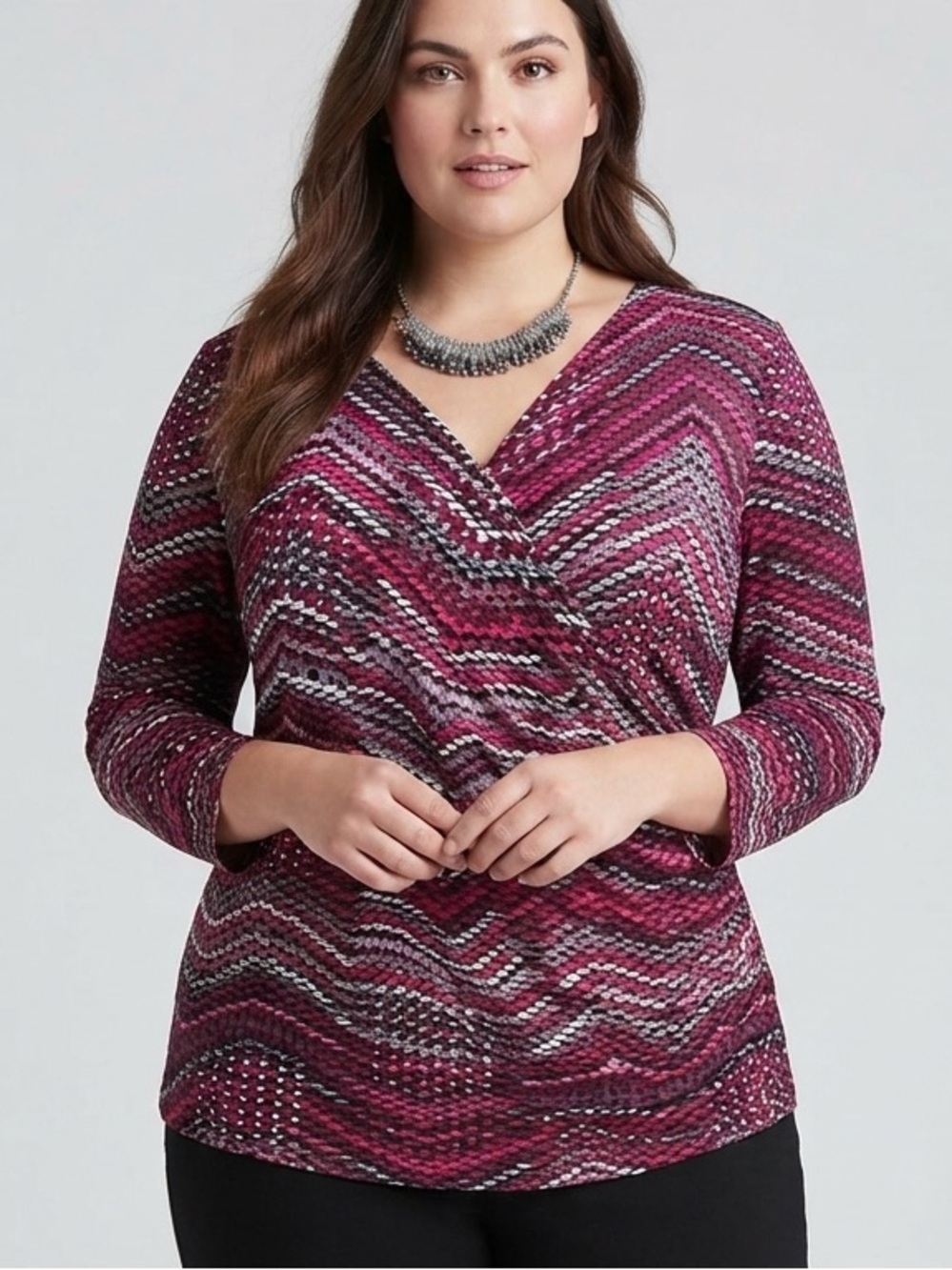 JONES STUDIO Wrap-Style Multicolor Chevron Blouse - Pink & Black size XL